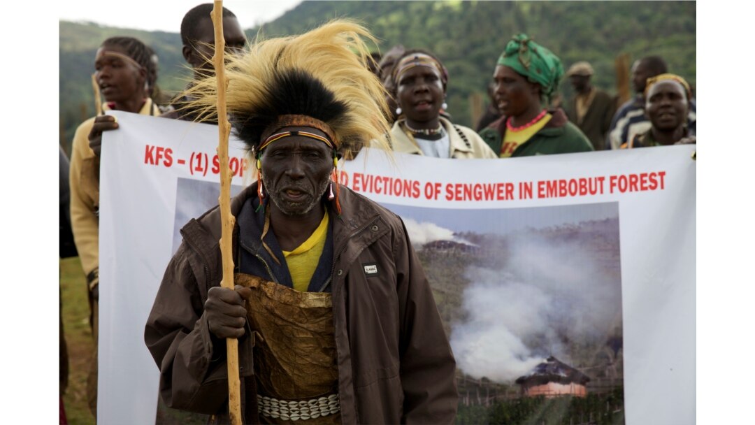 FILE - People from the Sengwer community protest their eviction from their ancestral lands, Embobut Forest, by the government for forest conservation in western Kenya, April 19, 2016.