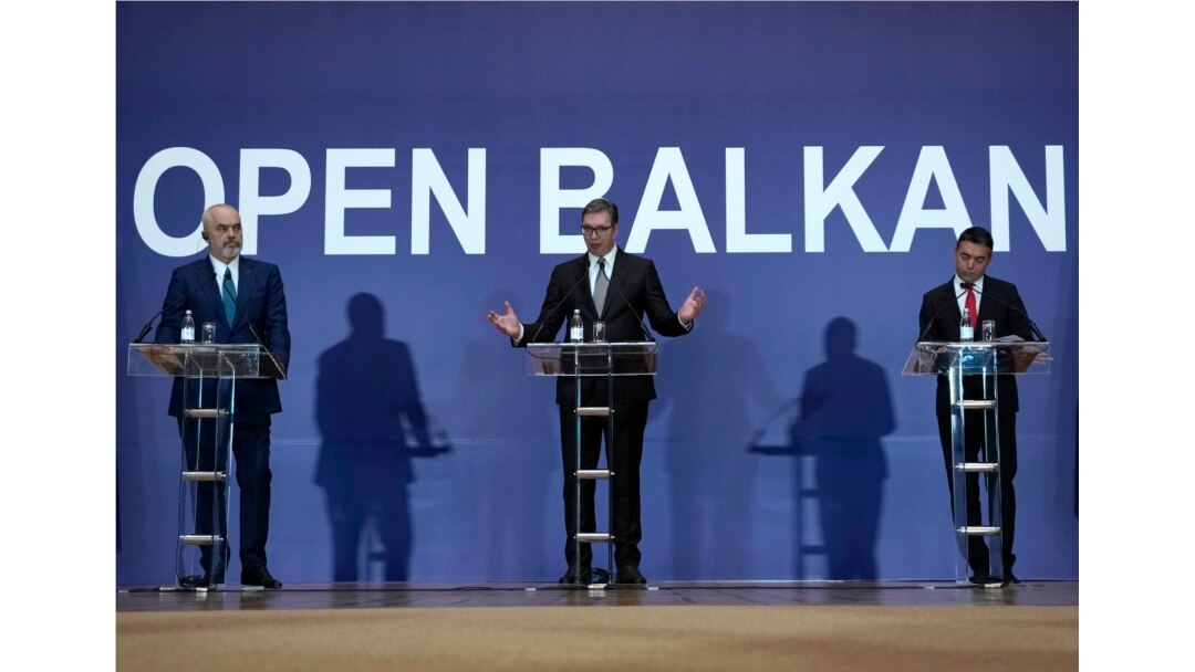 Serbian President Aleksandar Vucic, center, speaks during a press conference with Albanian Prime Minister Edi Rama, left, and North Macedonia Deputy Prime Minister Nikola Dimitrov after the economic forum for regional cooperation in Belgrade, Nov. 4, 2021.