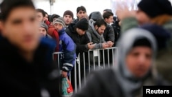 FILE - Migrants queue inside a tent at the compound outside the Berlin Office of Health and Social Affairs (LAGESO) waiting to register in Berlin, Germany, Dec. 1, 2015. 