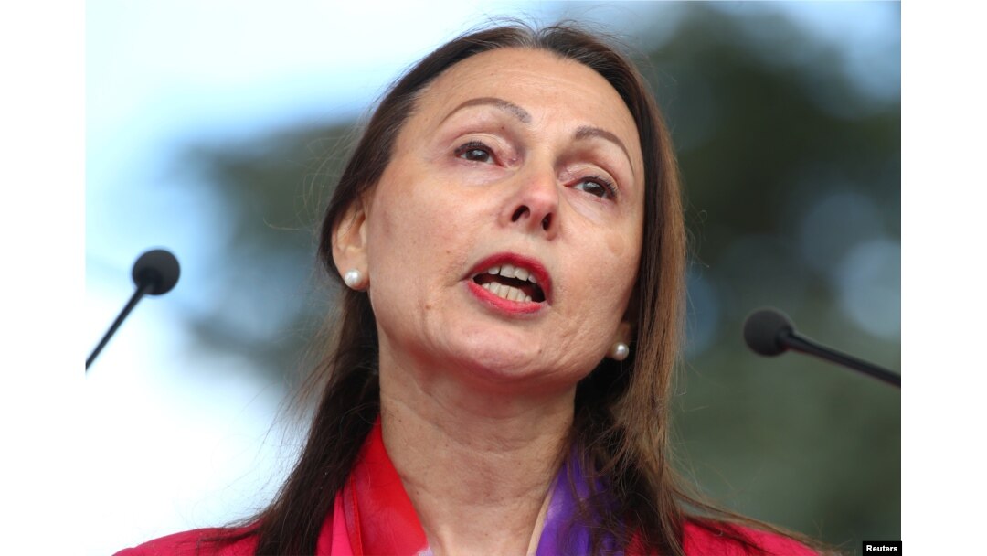 Ambassador of Israel to the U.N. Aviva Raz Shechter addresses protesters in Geneva, Switzerland, March 18, 2019.