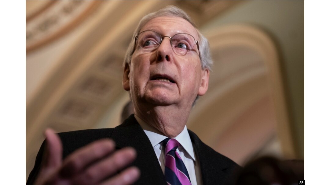 FILE - Senate Majority Leader Mitch McConnell, R-Ky., speaks to reporters on Capitol Hill in Washington, Feb. 26, 2019.