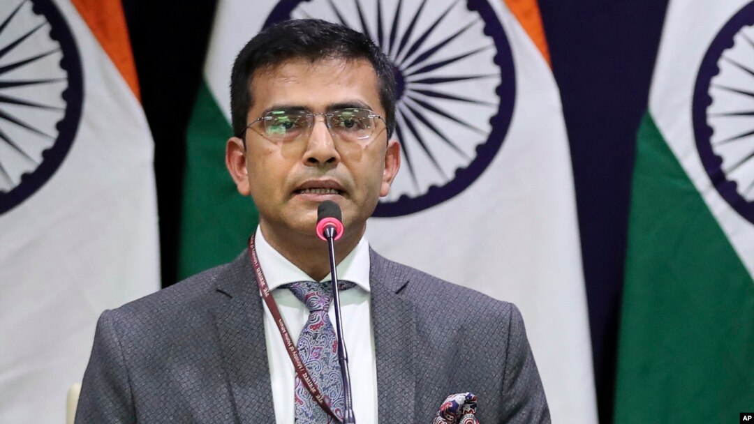 FILE - Indian Foreign Ministry spokesperson Raveesh Kumar delivers a press statement in New Delhi, India, Feb. 27, 2019.