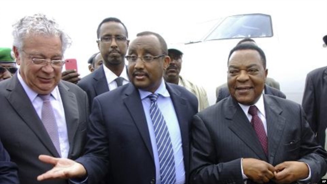 U.N.'s special representative to Somalia Augustine Mahiga, center-right, is greeted by Somali PM Abdiweli Mohamed Ali, center-left, as he arrives at the airport in Mogadishu, Somalia, January 24, 2012.