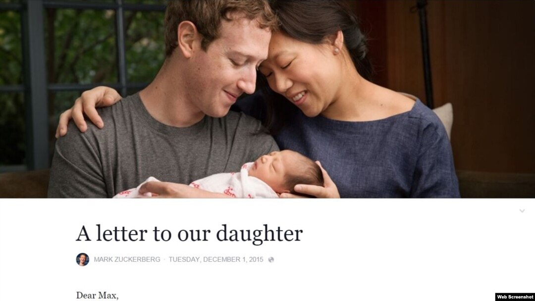 Screenshot of a Facebook note of CEO Mark Zuckerberg on Tuesday, December 01, 2015, in which he announced his new-born daughter and that he will donate 99% of his shares at Facebook, which he said is currently totaling $45 billion. (web screenshot)