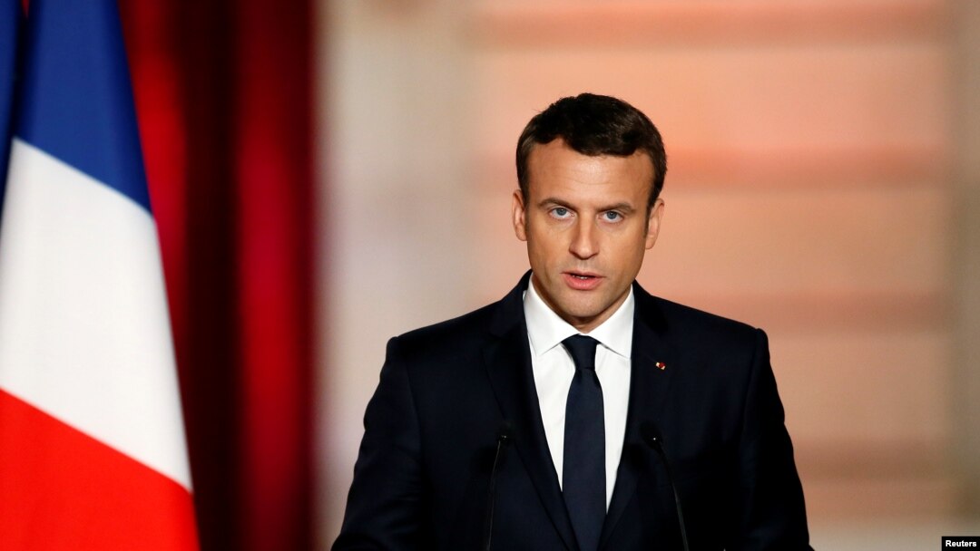 French President Emmanuel Macron delivers a speech during his inauguration at the handover ceremony at the Elysee Palace in Paris, May 14, 2017.