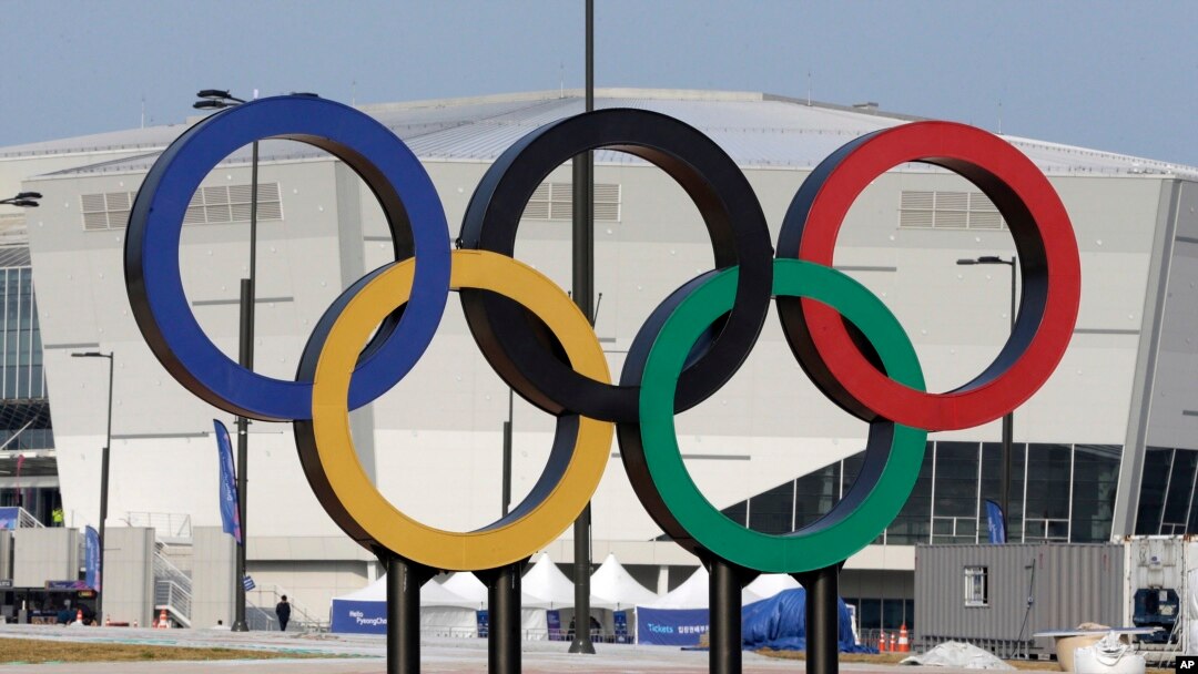 FILE - Olympic rings are seen in front of Gangneung Hockey Center in Gangneung, South Korea, April 4, 2017. 