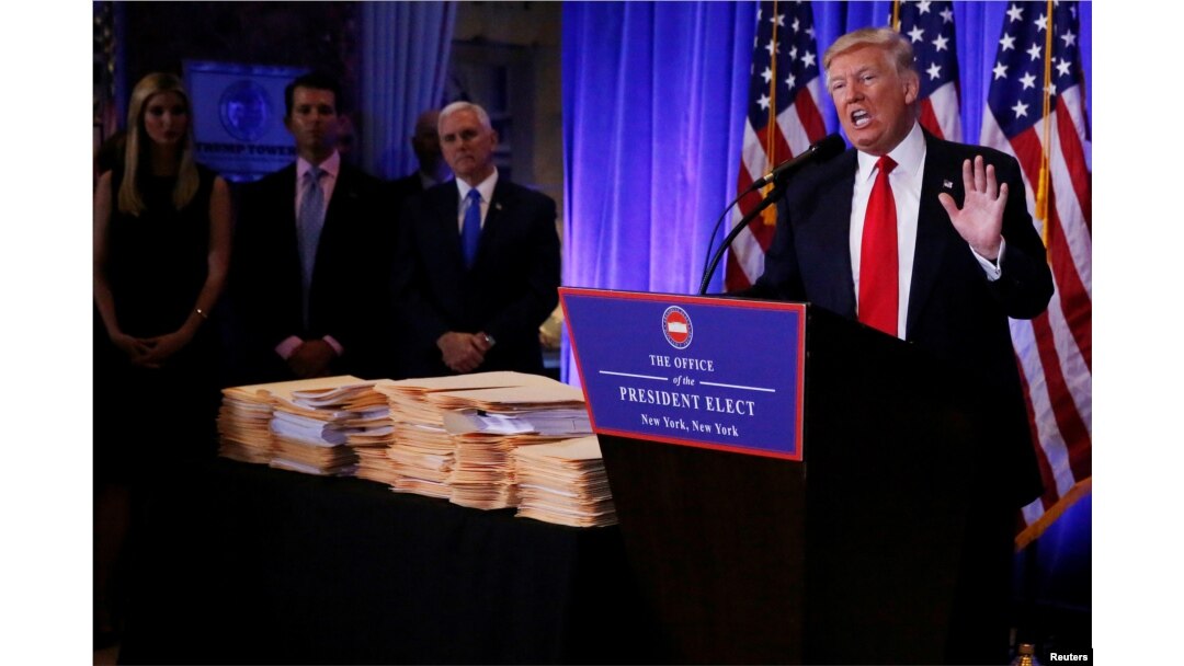 FILE - U.S. President-elect Donald Trump speaks during a news conference in Trump Tower, Manhattan, New York, Jan. 11, 2017.