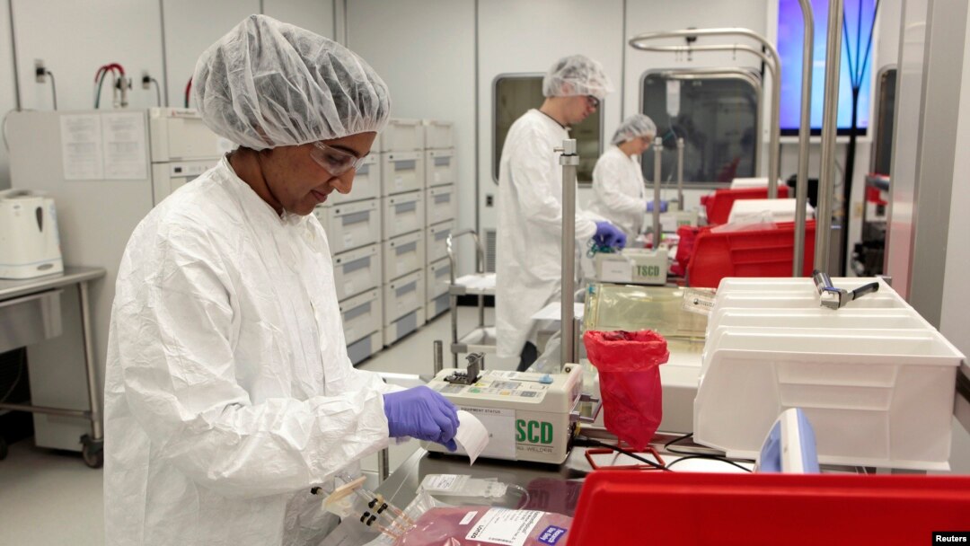 FILE - An Aastrom Biosciences production assistant works at 'priming' cell cassettes for incubation in the clean room laboratory at their headquarters in Ann Arbor, Michigan.