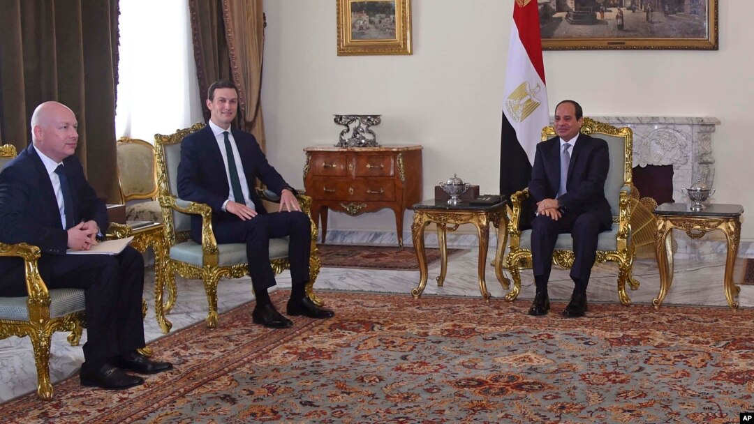 Egyptian President Abdel-Fattah el-Sissi, right, meets with President Donald Trump's son-in-law and senior adviser Jared Kushner, second left, and Middle East envoy Jason Greenblatt, left, June 21, 2018. Photo provided by Egypt's state news agency, MENA.