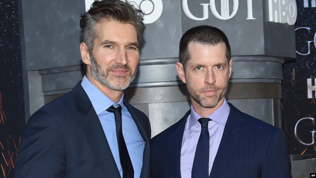 Creator/executive producers David Benioff, left, and D. B. Weiss attend HBO's "Game of Thrones" final season premiere at Radio City Music Hall on April 3, 2019, in New York. 
