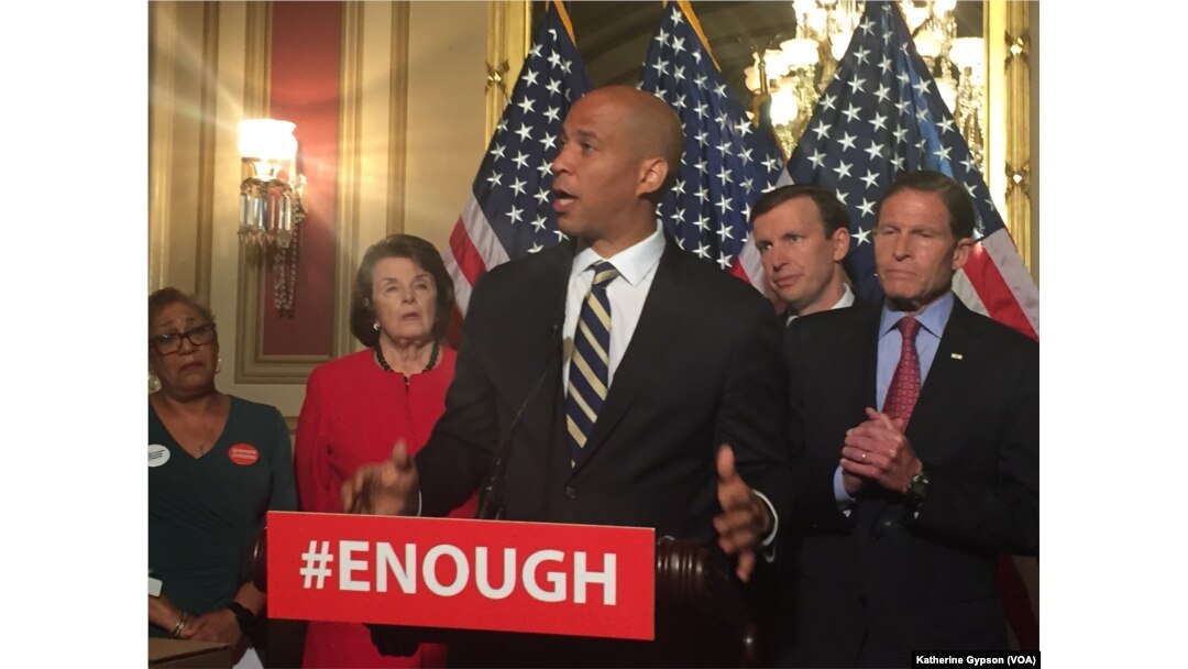 Democratic Sen. Cory Booker of New Jersey calls for gun control legislation in the wake of the mass shooting in an Orlando LGBT nightclub earlier this week during a news conference on Capitol Hill in Washington, June 16, 2016.