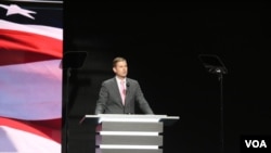 The large monitor behind Eric Trump, son of Republican nominee Donald Trump, doesn't appear to be working as he begins his speech.