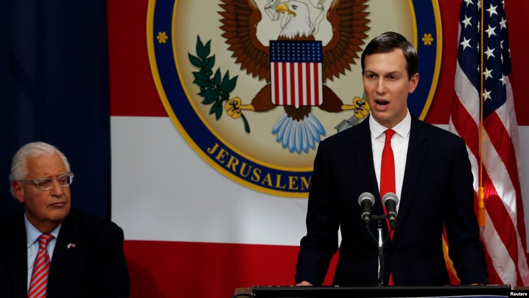 U.S. Ambassador to Israel David Friedman sits next to White House Senior Adviser Jared Kushner as he speaks during the dedication ceremony of the new U.S. embassy in Jerusalem, May 14, 2018.