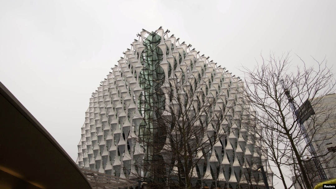 FILE - The new United States embassy building is seen during a press preview near the River Thames in London, Dec. 13, 2017