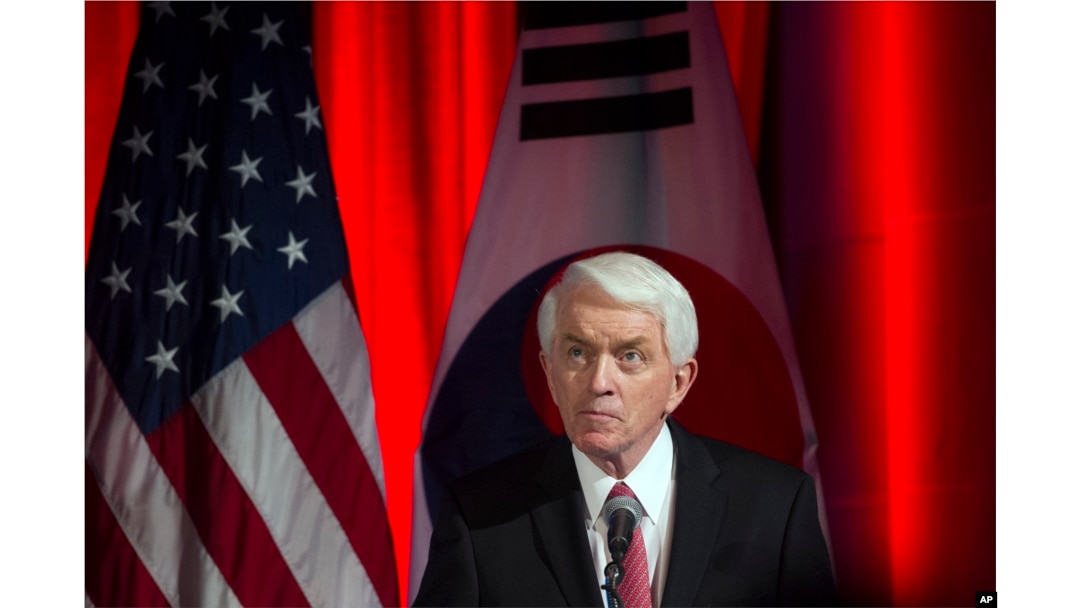 FILE - U.S. Chamber of Commerce President Thomas Donohue speaks at a dinner hosted by the U.S. Chamber of Commerce and the South Korean Chamber of Commerce for South Korean President Moon Jae-in, in Washington, June 28, 2017.