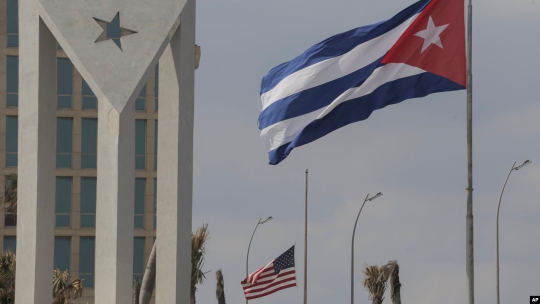 Flags of the U.S. and Cuba fly outside the U.S. embassy in Havana, Cuba, Jan.14, 2025.