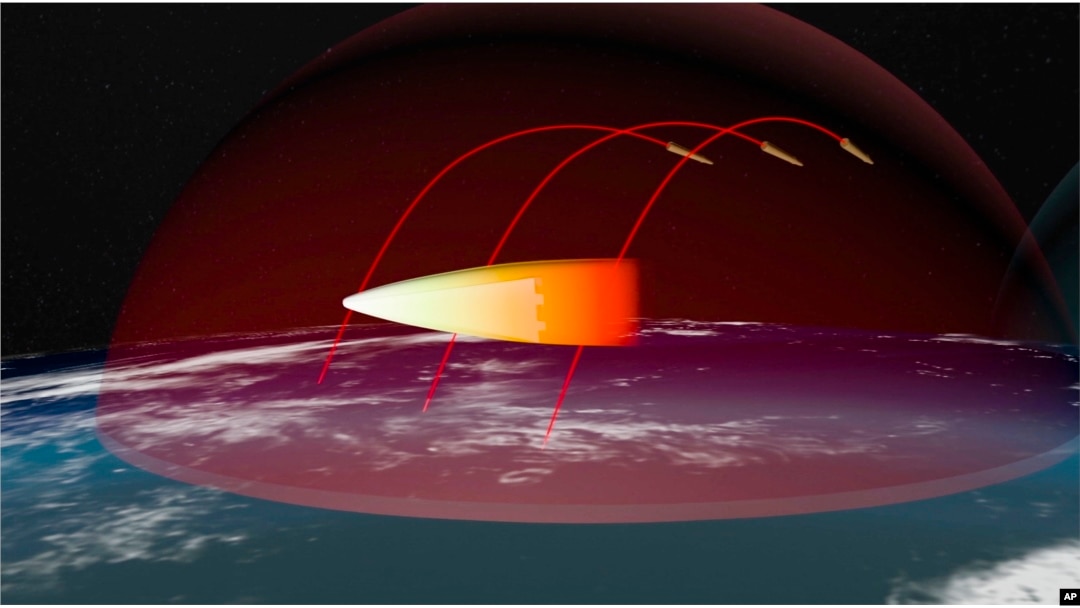 FILE - In this video grab provided by RU-RTR Russian television via AP television, March 1, 2018, a computer simulation shows the Avangard hypersonic vehicle maneuvering to bypass missile defenses en route to target.