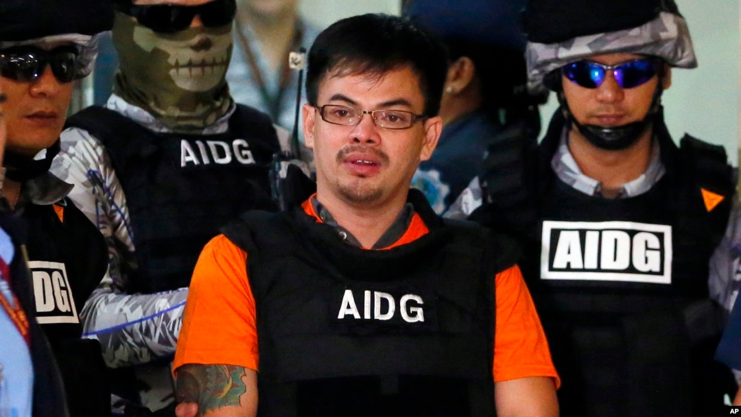 Alleged Filipino drug lord Kerwin Espinosa is presented to the media after arriving from Abu Dhabi, Nov. 18, 2016 at Camp Crame in suburban Quezon City, Philippines. 