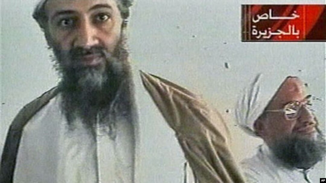 Al-Qaida leader Osama bin Laden is shown with top lieutenant, Ayman Al-Zawahri, in an image taken from a videotape broadcast on Al-Jazeera, October 2001. (file photo)