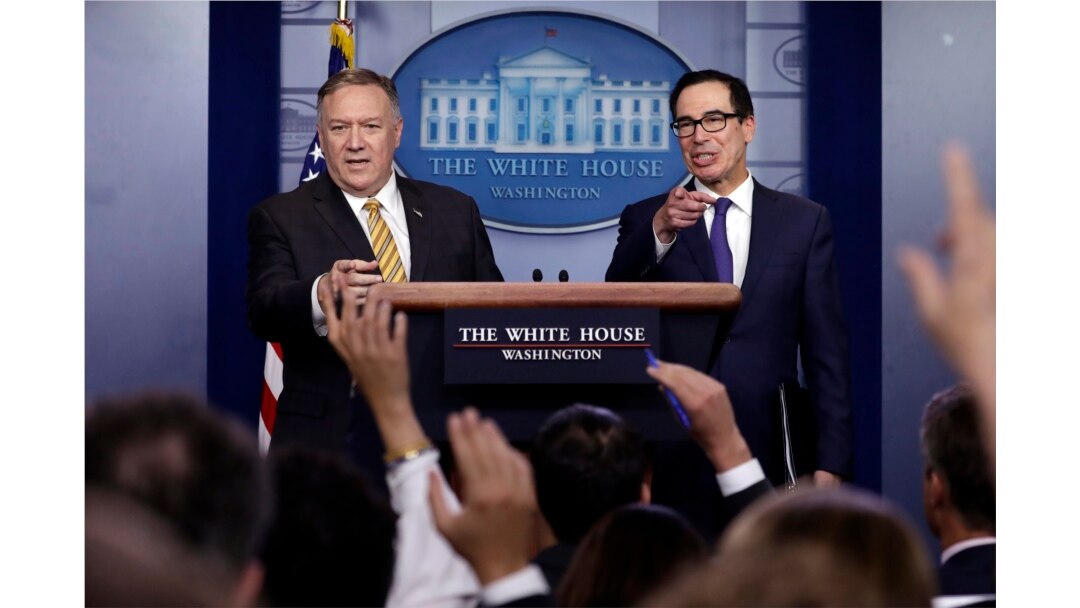 U.S. Secretary of State Mike Pompeo and Treasury Secretary Steve Mnuchin take questions during a briefing on terrorism financing at the White House, Sept. 10, 2019, in Washington.