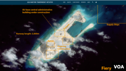 衛星圖片顯示爭議島嶼上飛機跑道建設接近完成（圖片來源：CSIS網頁截屏）