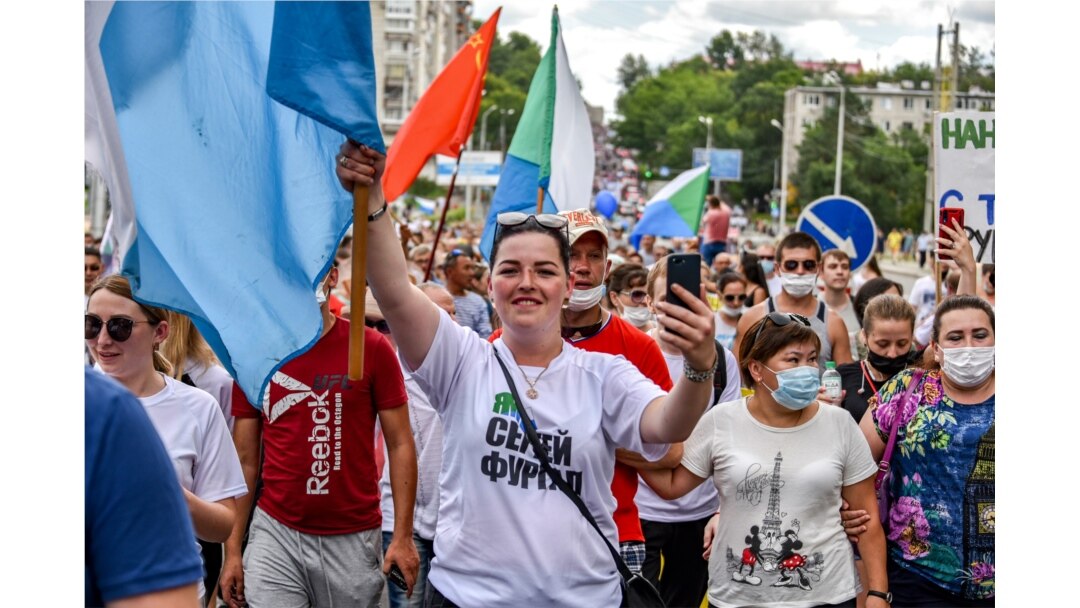 People attend a rally supporting the Khabarovsk region's governor, Sergei Furgal, who was interrogated and ordered to be held in jail for two months, in Khabarovsk, Russia, July 25, 2020.