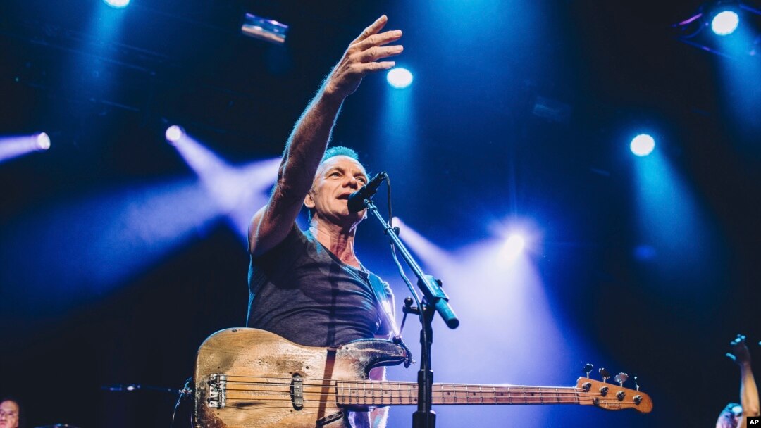 British musician Sting performs on stage at the Bataclan concert hall in Paris, France, in this photo provided by Universal Music France, Nov. 12, 2016. 