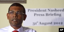 FILE - Former Maldives’ President Mohammed Nasheed speaks during a press conference in Male, Maldives, Aug. 31, 2013.