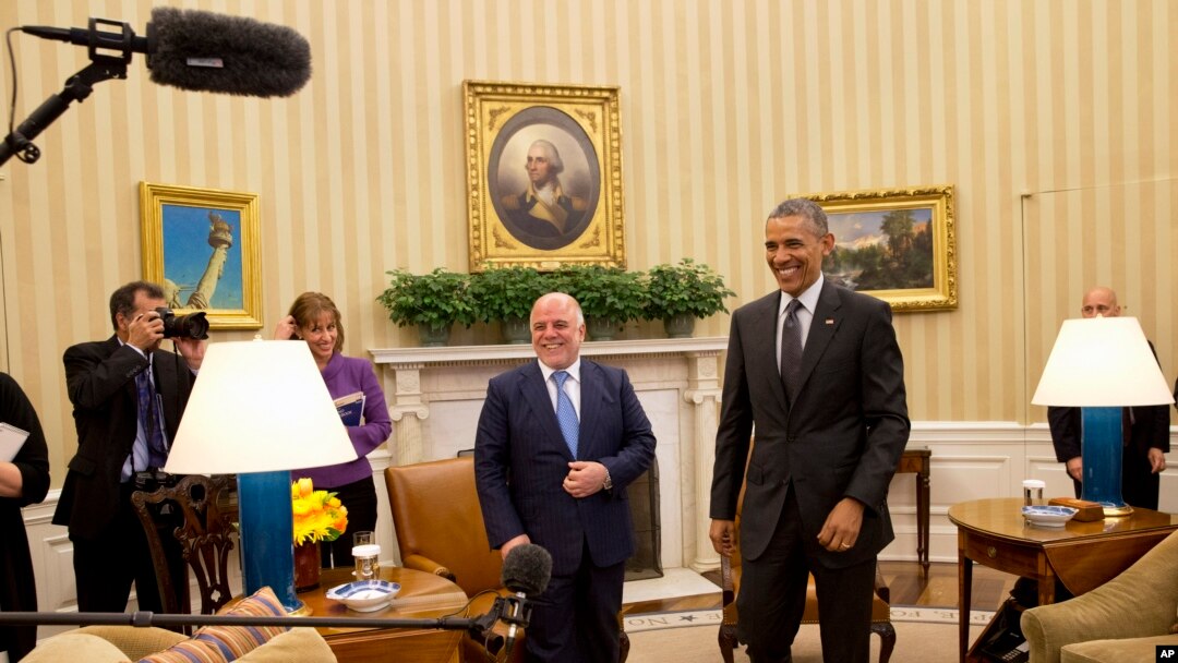 Iraqi Prime Minister Haider Al-Abadi and President Barack Obama after meeting in the Oval Office, Washington, April 14, 2015.