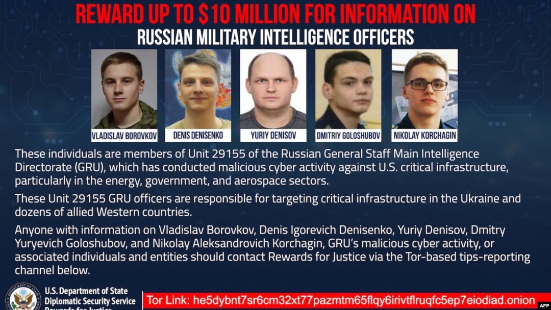 This undated image released by the U.S. Department of State shows Russian military officers charged for allegedly conducting cyberattacks on civilian infrastructure in Ukraine ahead of the Russian invasion. The United States charged them on Sept. 5, 2024.