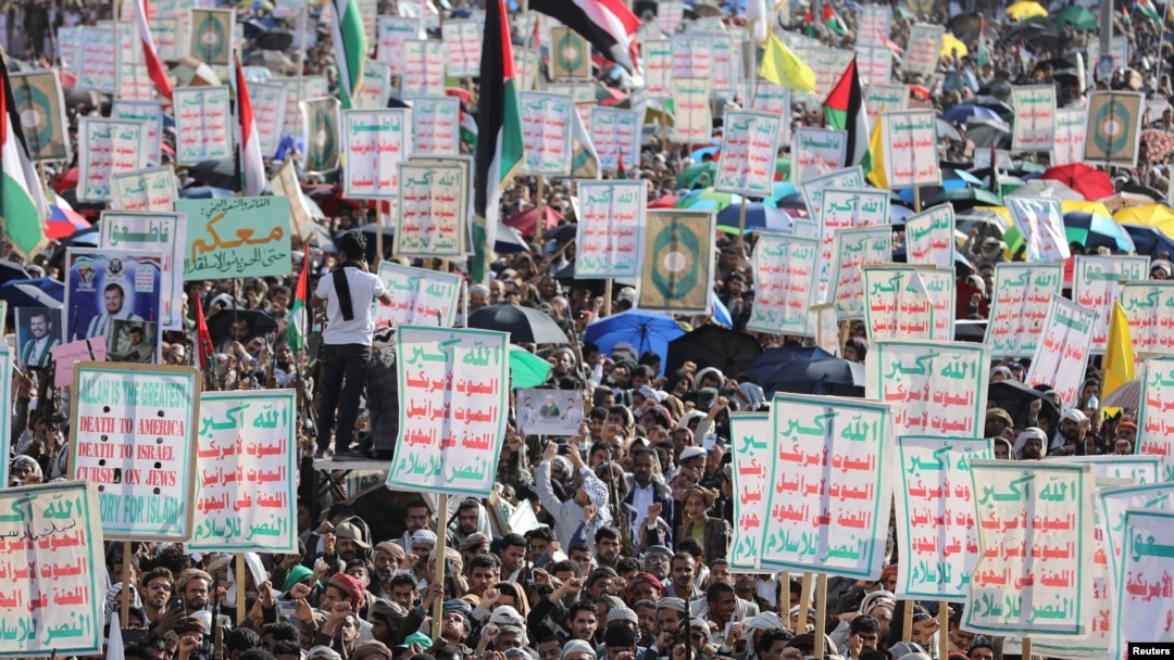 FILE - Protesters, predominantly Houthi supporters, demonstrate in solidarity with the Palestinians in the Gaza Strip, in Sanaa, Yemen, on Feb. 14, 2025.