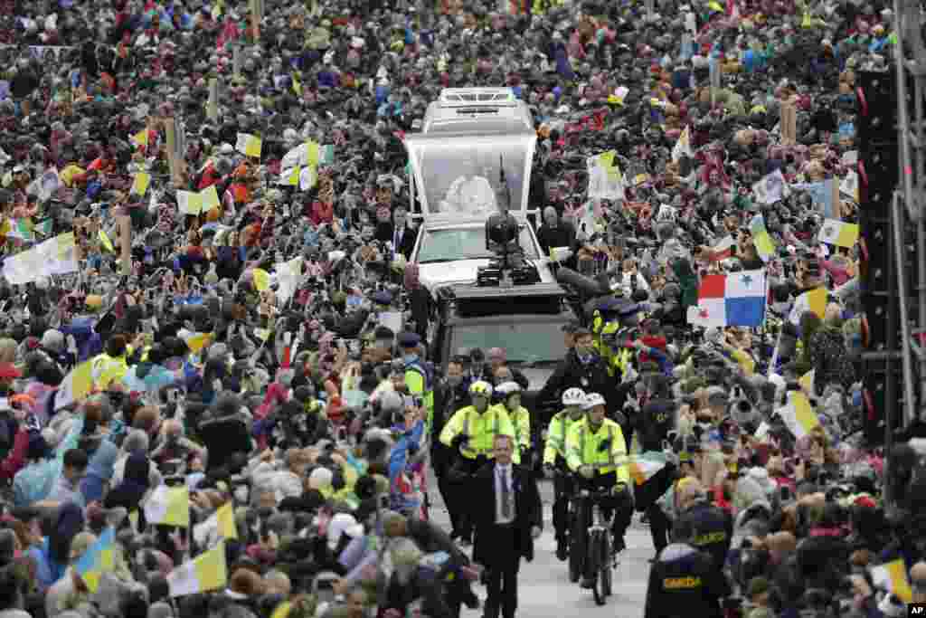 Pope Francis arrives to celebrate Mass at the Phoenix Park in Dublin, Ireland.