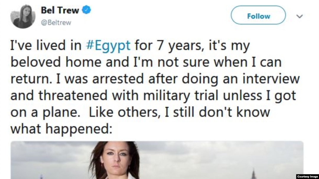 A screenshot of a tweet by British journalist Bel Trew who was expelled from Egypt last month, Sunday, Mar. 25, 2018. (Courtesy image)
