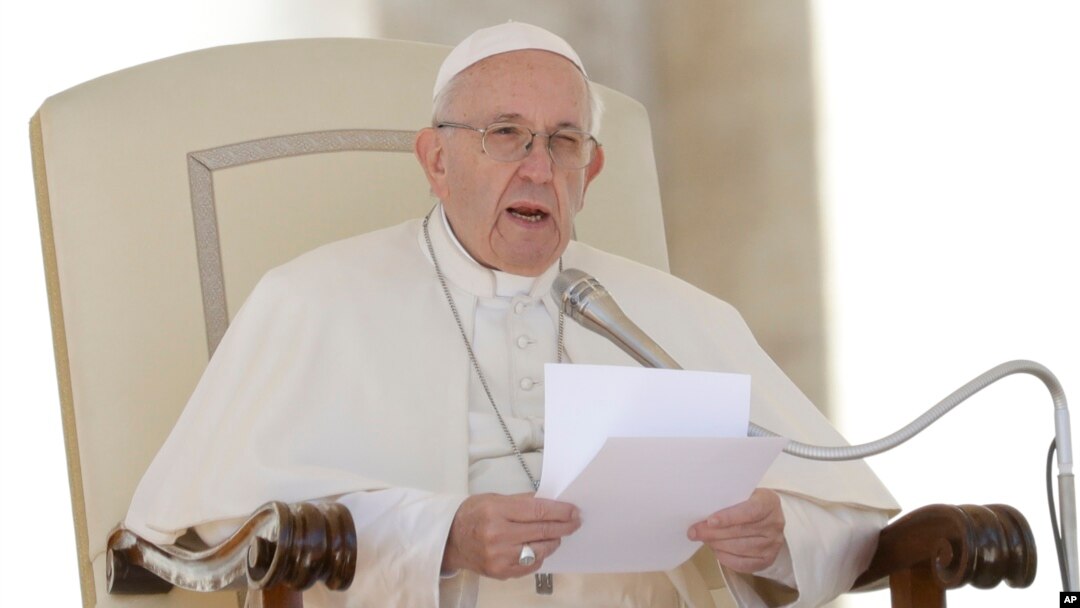 Pope Francis delivers his message during his weekly general audience in St. Peter's Square at the Vatican, Sept. 26, 2018. 