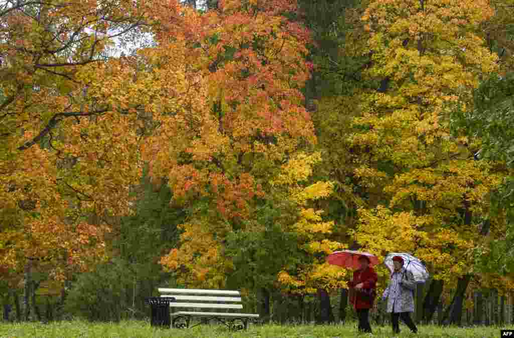 Two women walk in Alexander Park outside Saint Petersburg, on a cloudy autumn day, Oct. 6, 2018.