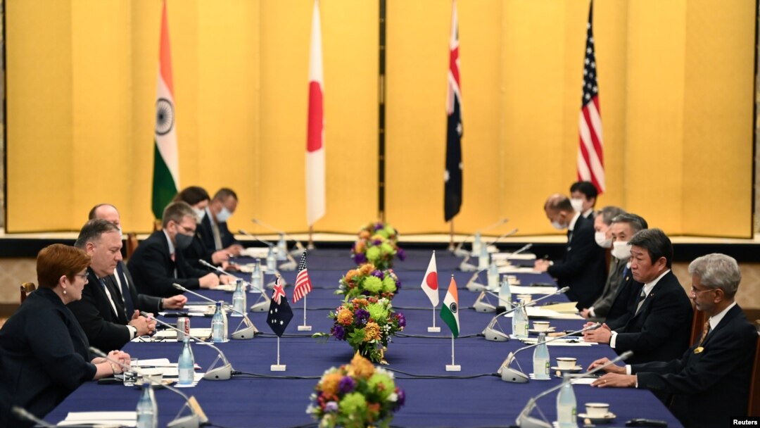 Australia's Foreign Minister Marise Payne, U.S. Secretary of State Mike Pompeo, Japan's Foreign Minister Toshimitsu Motegi and Indian Foreign Minister Subrahmanyam Jaishankar attend the Quad meeting in Tokyo, Japan, Oct. 6, 2020.