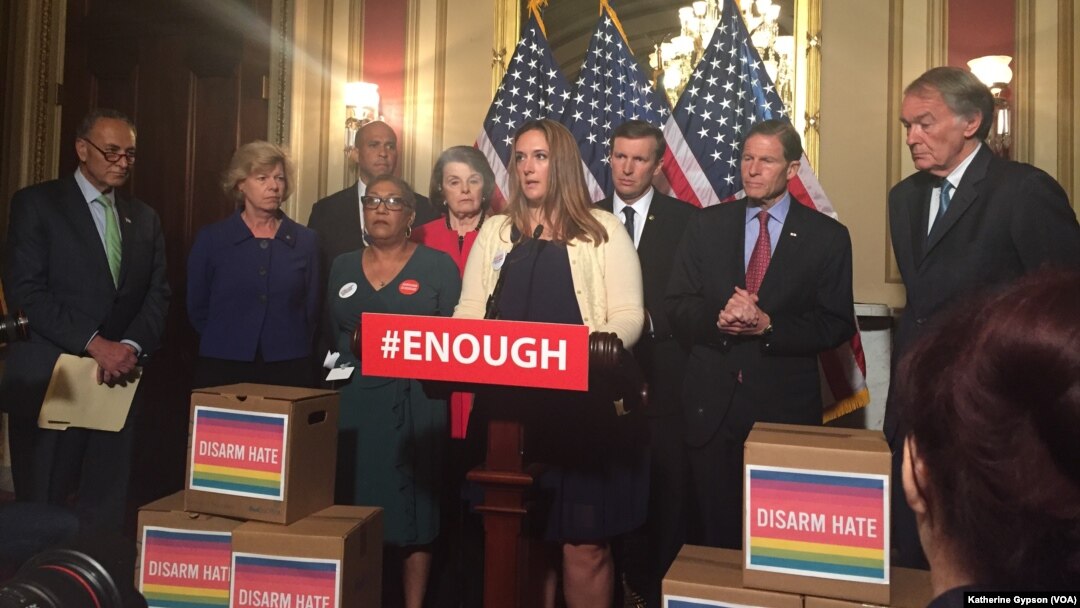 Tina Meins, who lost her father in the December 2015 San Bernardino mass shooting, thanked Senate Democrats for a filibuster to bring gun control legislation to the Senate floor, in Washington, June 16, 2016. 