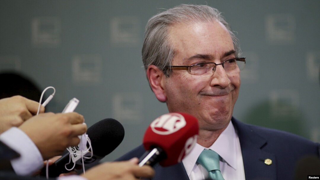 President of Brazil's Chamber of Deputies Eduardo Cunha speaks during a news conference at the Chamber of Deputies in Brasilia, Brazil, Dec. 7, 2015. 