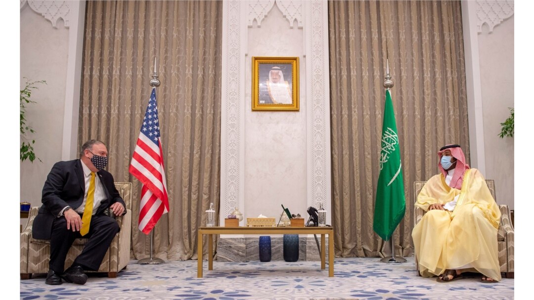 U.S. Secretary of State Mike Pompeo meets with Crown Prince Mohammed bin Salman during his visit to the Saudi Arabia, in Riyadh, Nov. 22, 2020.
