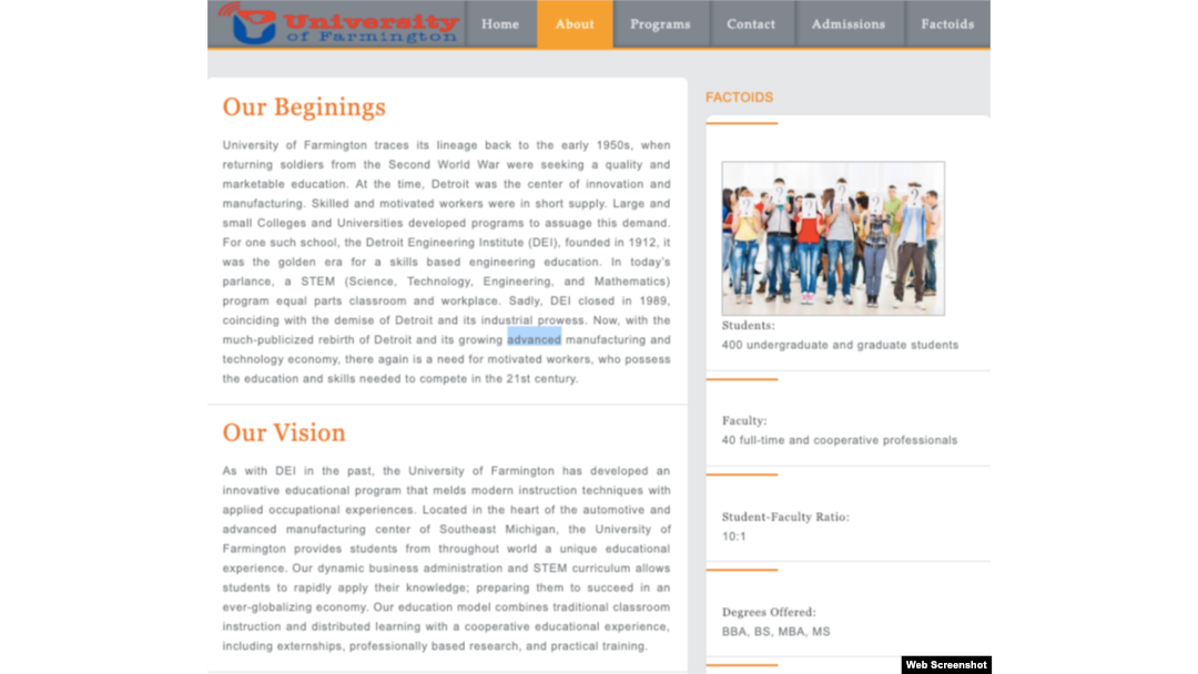 This screenshot from the University of Farmington was taken from an archived page in 2016.