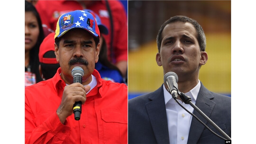 FILE - This combination of photos shows Venezuelan President Nicolas Maduro (L) delivering a speech in Caracas, Feb. 2, 2019, and opposition leader Juan Guaido addressing a gathering of supporters in Caracas, Feb. 2, 2019.