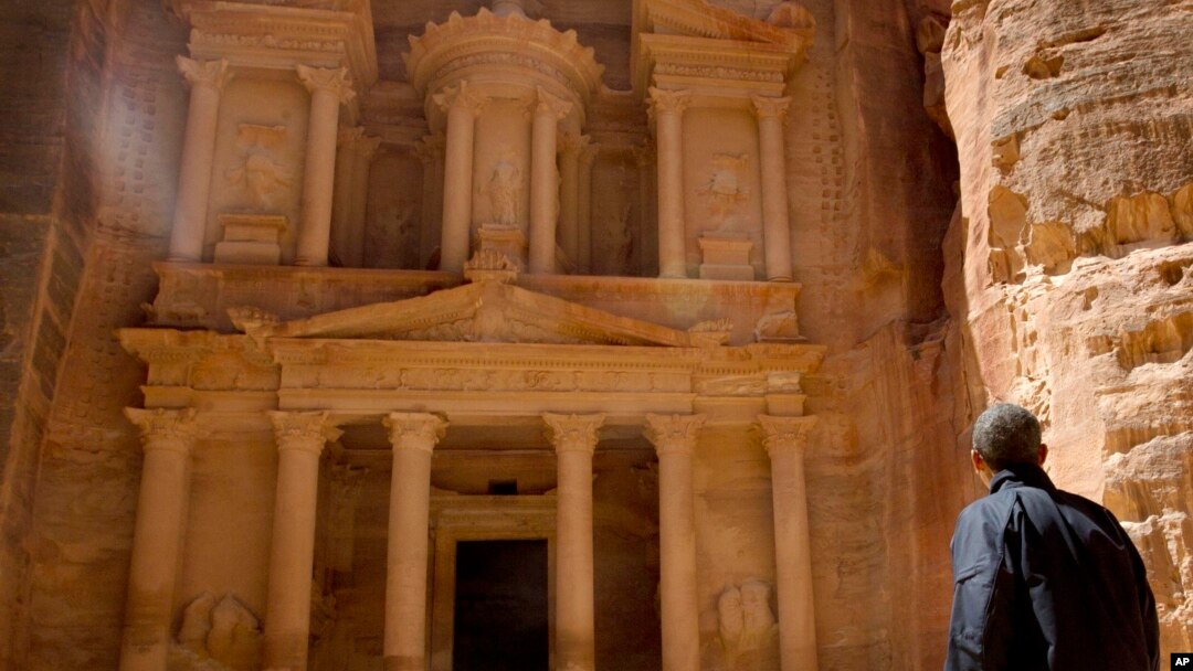 U.S. President Barack Obama stops to look at the Treasury during his tour of the ancient city of Petra, Jordan, March 23, 2013. 