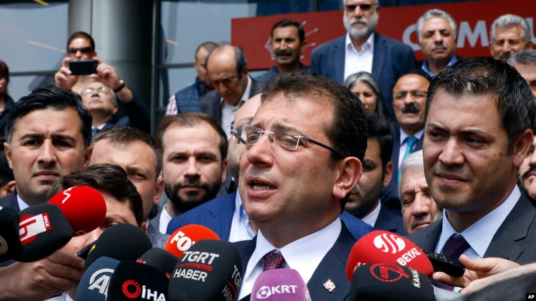 Ekrem Imamoglu, mayoral candidate of the main opposition Republican People's Party, CHP, speaks to the media after emergency talks with senior CHP officials, in Ankara, Turkey, May 7, 2019.