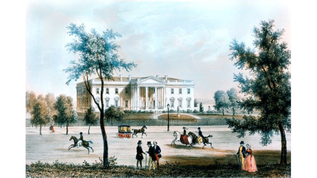 View of the White House from Pennsylvania Avenue during James K. Polk's presidency (1845-1849). Lithograph by Augustus Kollner. (White House Collection/White House Historical Association)