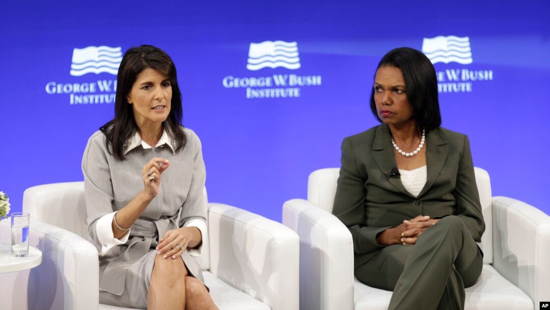U.S. Ambassador to the United Nations Nikki Haley, left, and former U.S. Secretary of State Condoleezza Rice participate in a panel discussion at a forum sponsored by the George W. Bush Institute in New York, Oct. 19, 2017.
