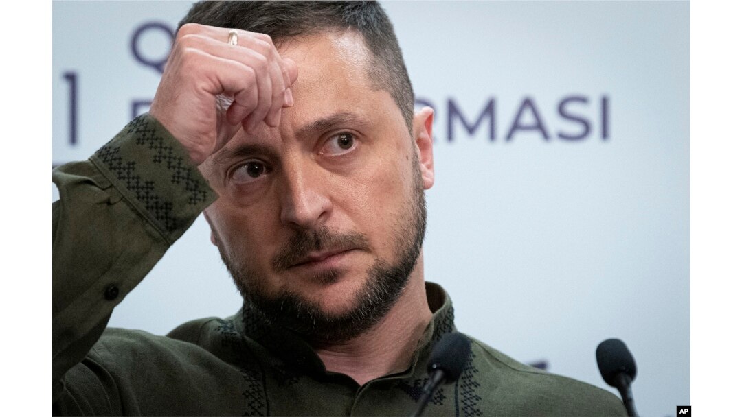 Ukrainian President Volodymyr Zelenskyy attends a news conference after the Crimea Platform Summit in Kyiv, Ukraine, Tuesday, Aug. 23, 2022. (AP Photo/Andrew Kravchenko)