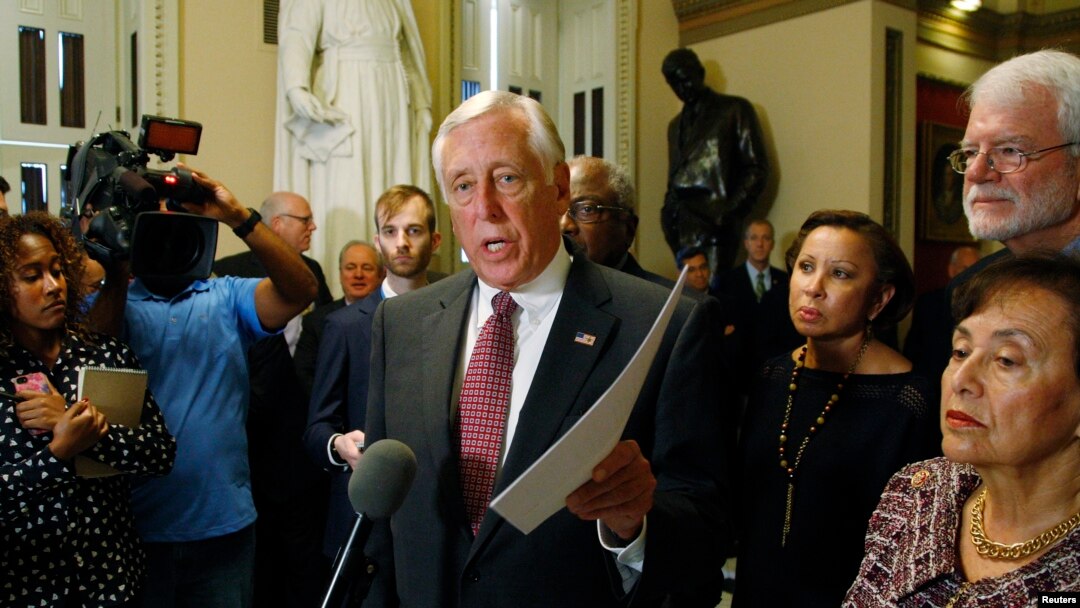 FILE - U.S. House Minority Whip Steny Hoyer is seen speaking to the media at the Capitol in Washington.