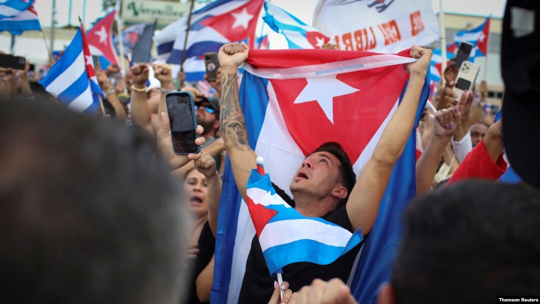 People rally in solidarity with protesters in Cuba, in Little Havana neighborhood in Miami.