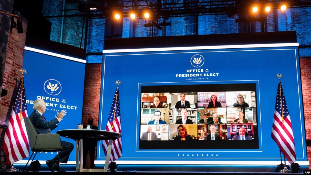 FILE - U.S. President-elect Joe Biden conducts a virtual meeting with officials, in Wilmington, Delaware, Nov. 17, 2020. 