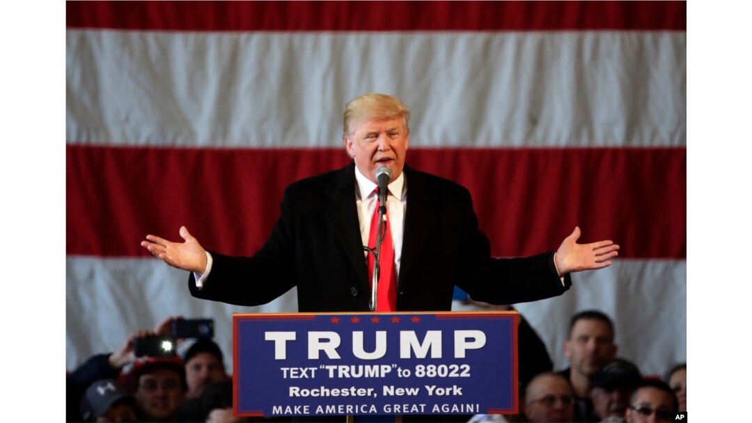 Republican presidential candidate Donald Trump speaks during a rally at JetSmart Aviation Services, in Rochester, N.Y., April 10, 2016.